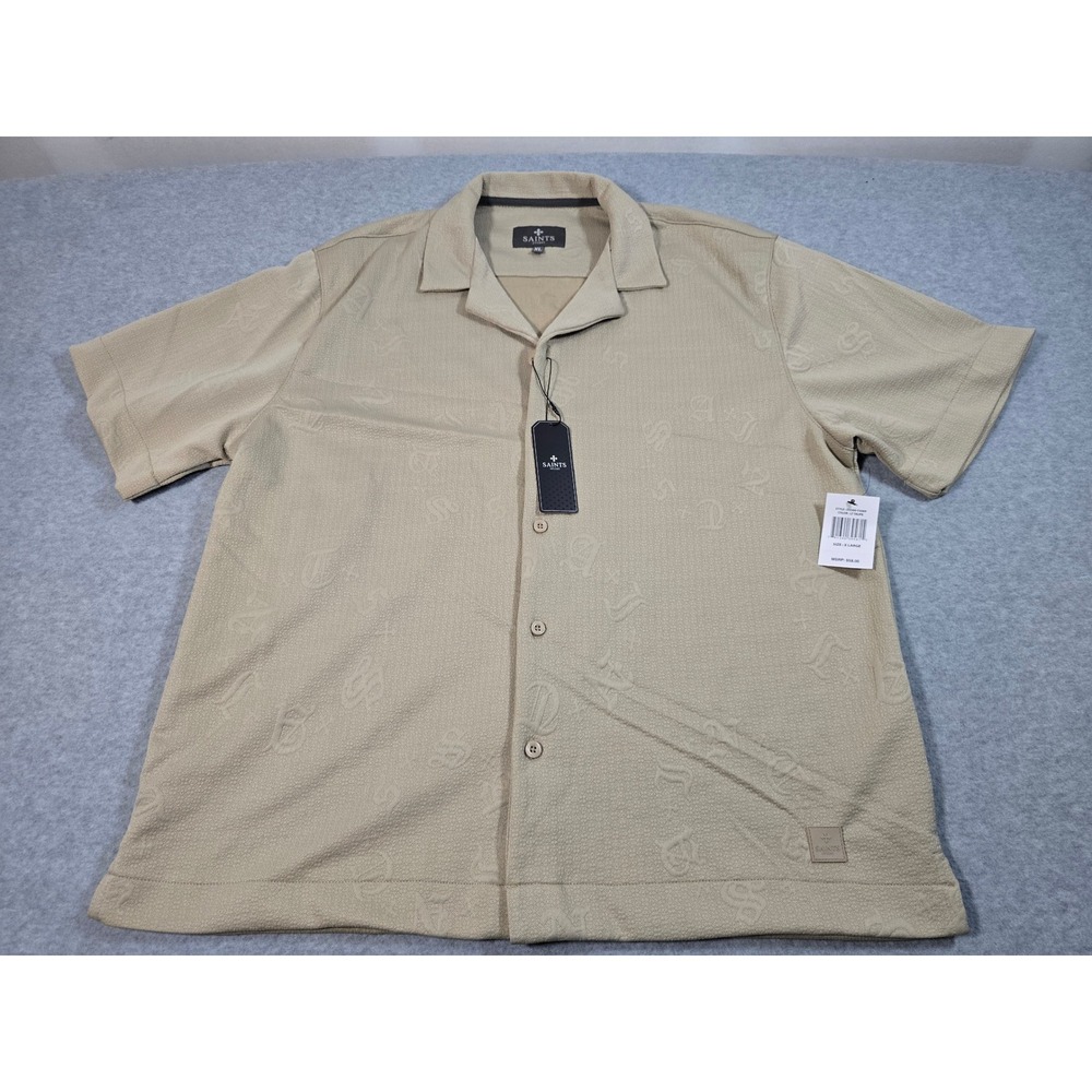 Saints Studio Mens XL Light Taupe Jacquard Monogram Camp Collar Shirt NWT D2560